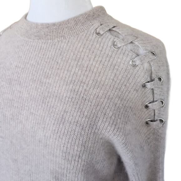 C by BLOOMINGDALE'S Cashmere Sweater RIbbed Laced Shoulders Medium Warm Gray - Picture 2 of 9
